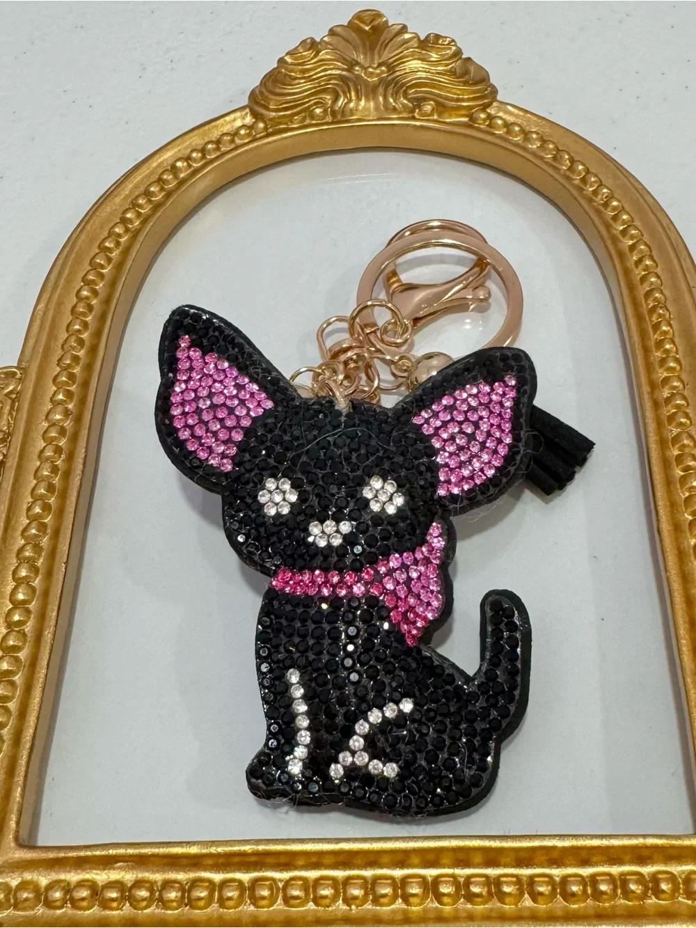 New Black & Pink Crystal Chihuahua Keychain
